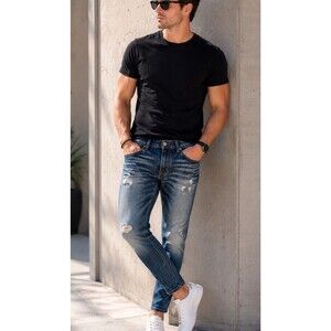Social Collision Mens 32x32 Skinny Jeans Distressed Whiskered Blue Denim